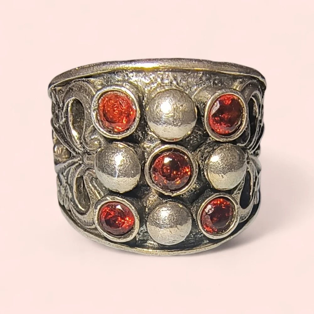 Vintage Garnet And Sterling Silver Wide Band Artisan Ring